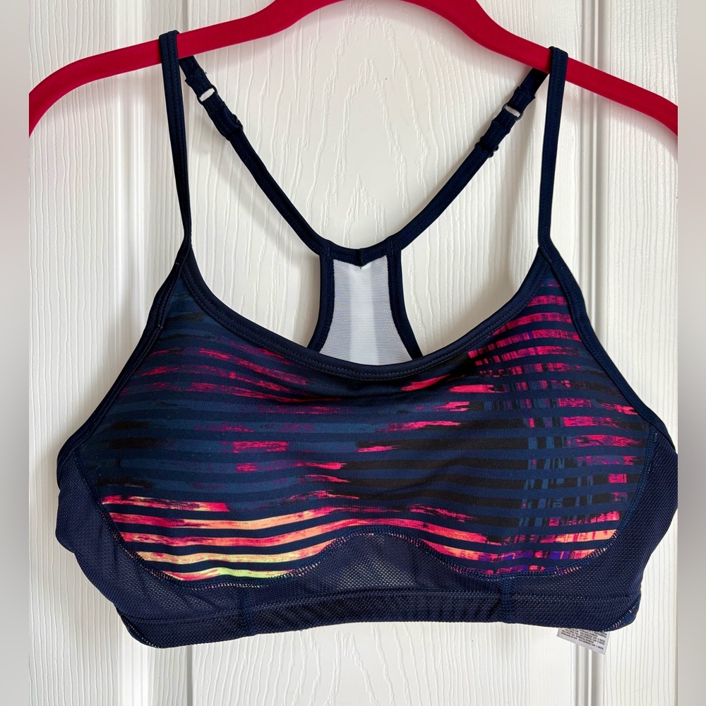New Balance Navy & Multicolor Sports Bra  Padded Large Coral Stripe Detail